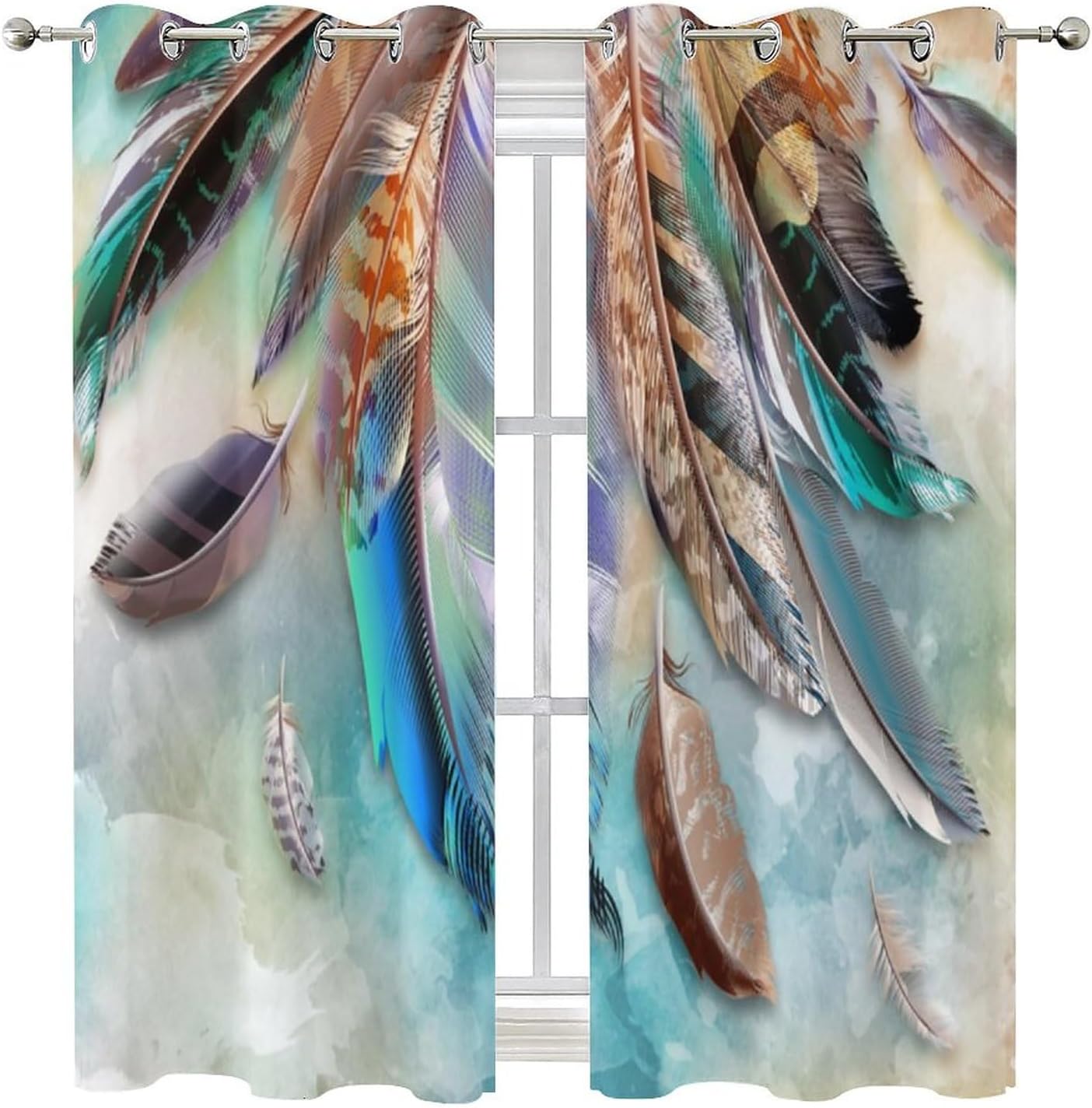 Colorful Feather Curtains Watercolor Bohemian Native American Animal Feathers Retro Birds Thermal Insulated Darkening Window Drapes for Living Room Grommet Window Treatment 2 Panels 72"L x 31.5"W