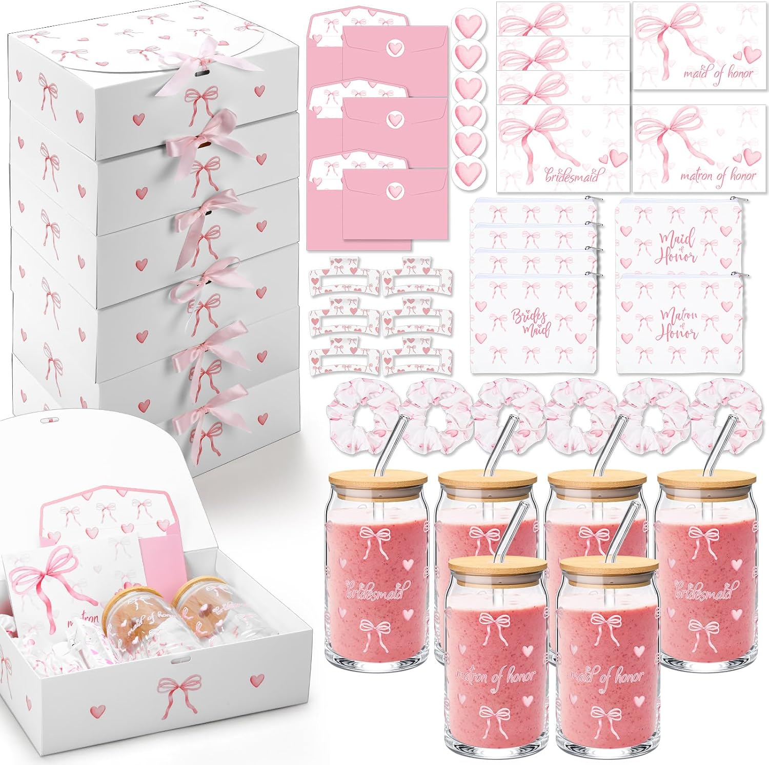 Meanplan 40 Pcs Bridesmaid Proposal Gift Box Set Bridal Shower Favor Wedding Bride Bachelorette Party Return Gift, Glass Cup Cosmetic Bag Scrunchies Hairpin Invited Card Envelope (Maid of Honor)