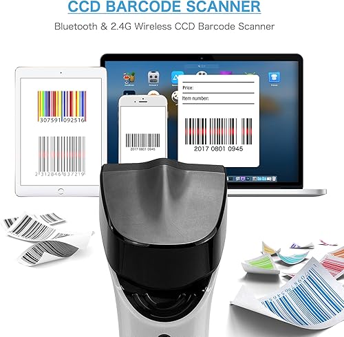 Miniatura 3 de NETUM Escáner de código de barras inalámbrico Bluetooth 1D de moda, lector de código de barras CCD manos libres con soporte y memoria incorporada