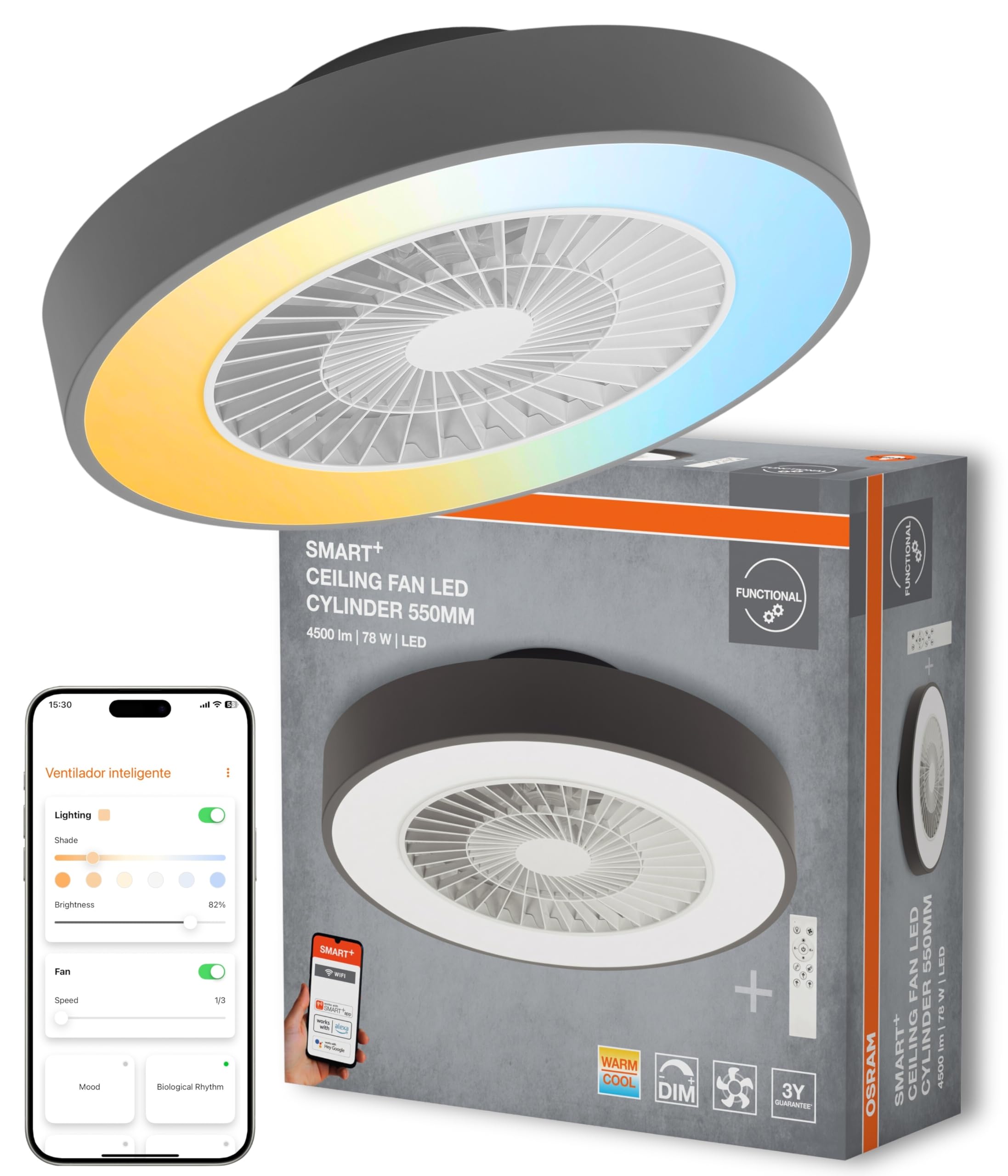Osram SMART+ WiFi Ventilator mit LED Lampe Grau | SMART+ Wifi Ceiling Fan LED, Acrylnitril-Butadien-Styrol-Copolymer (ABS), Grau, 30000 h, 1-Pack