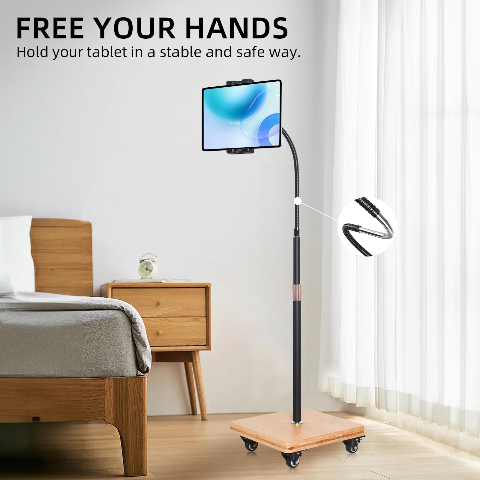 wishacc Tablet Floor Stand for Bed - Gooseneck Tablet Holder Mount with Adjustable Height and 4 Wheels, Compatible with iPad mini Air Pro 12.9/9.7, Galaxy Tab, Kindle, Cell Phones (4.7