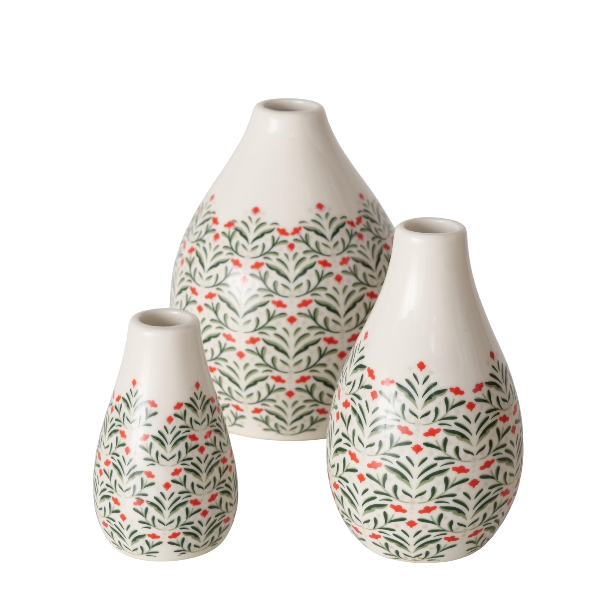BOLTZE Paris 2060511 Vase (3-Piece Set, Green, White, Porcelain, Floral Design, Height 12 cm, Diameter 9 cm, Round, Handmade, Waterproof, Flower Vase, Decoration)