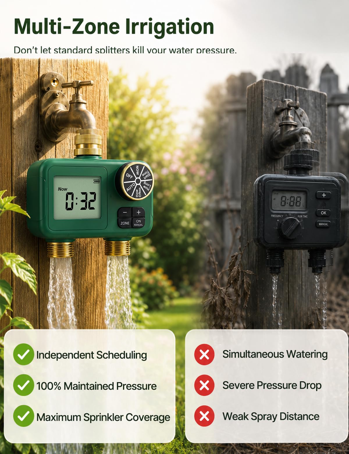 MOES Timer dell'acqua a 2 zone per tubo da giardino - Ingresso e prese in ottone da 3/4", timer indipendente a doppia uscita, controller di irrigazione programmabile con ritardo pioggia e modalità