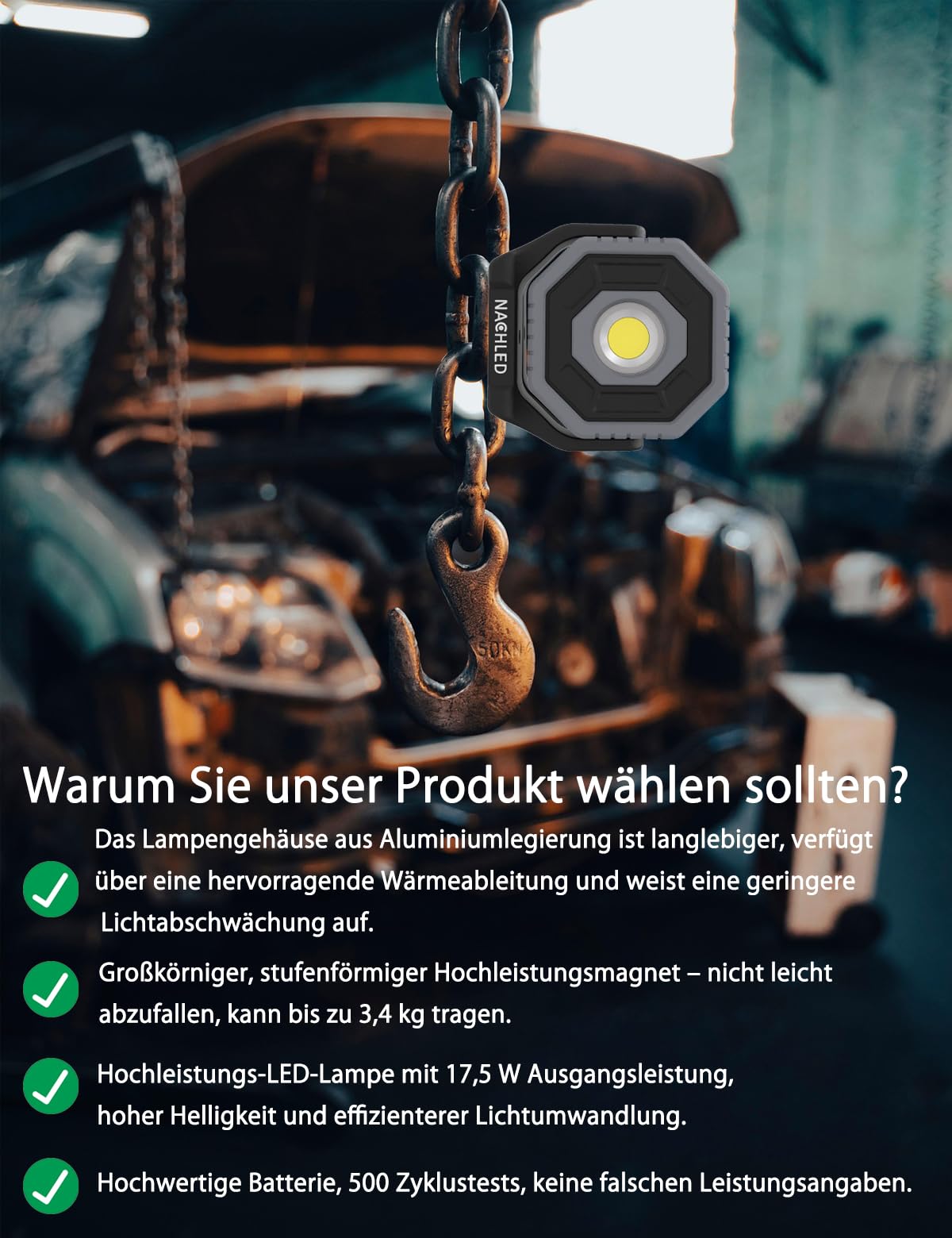 LED Arbeitsstrahler 800 lm Akku strahler Arbeitsleuchte Typ-C wiederaufladbar 2600 mAh mit 360° drehbarem Magnetständer IP65 für Autoreparatur DIY und Wartung