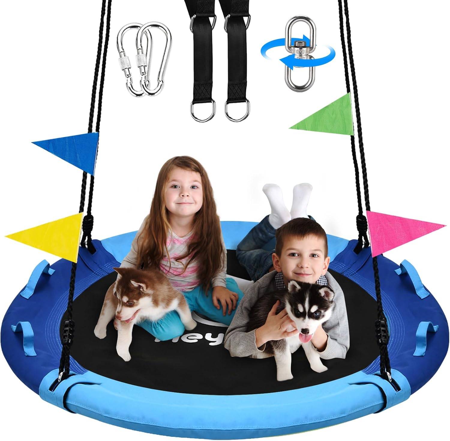 43 Inch Tree Swing, 900lbs Weight Capacity Saucer Swing Sets for Kids, Come with 360 Degree Swivel and Adjustable Hanging Strap, Blue and Cerulean