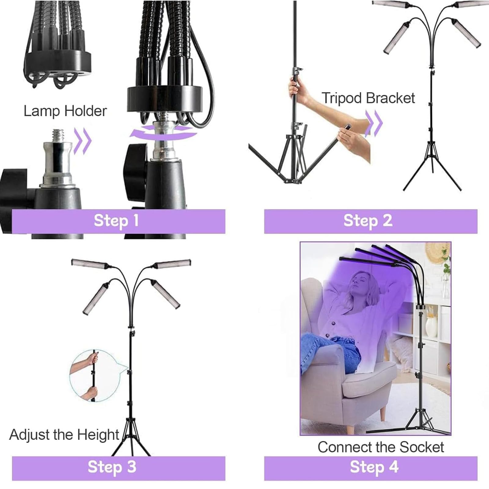 4-głowicowa lampa do opalania twarzy z 420 diodami LED i regulowanym uchwytem od 38 do 155 cm. Tryb oświetlenia z regulowanym czasem intensywności. Idealny do twarzy i ciała. Antyczna opalona skóra.