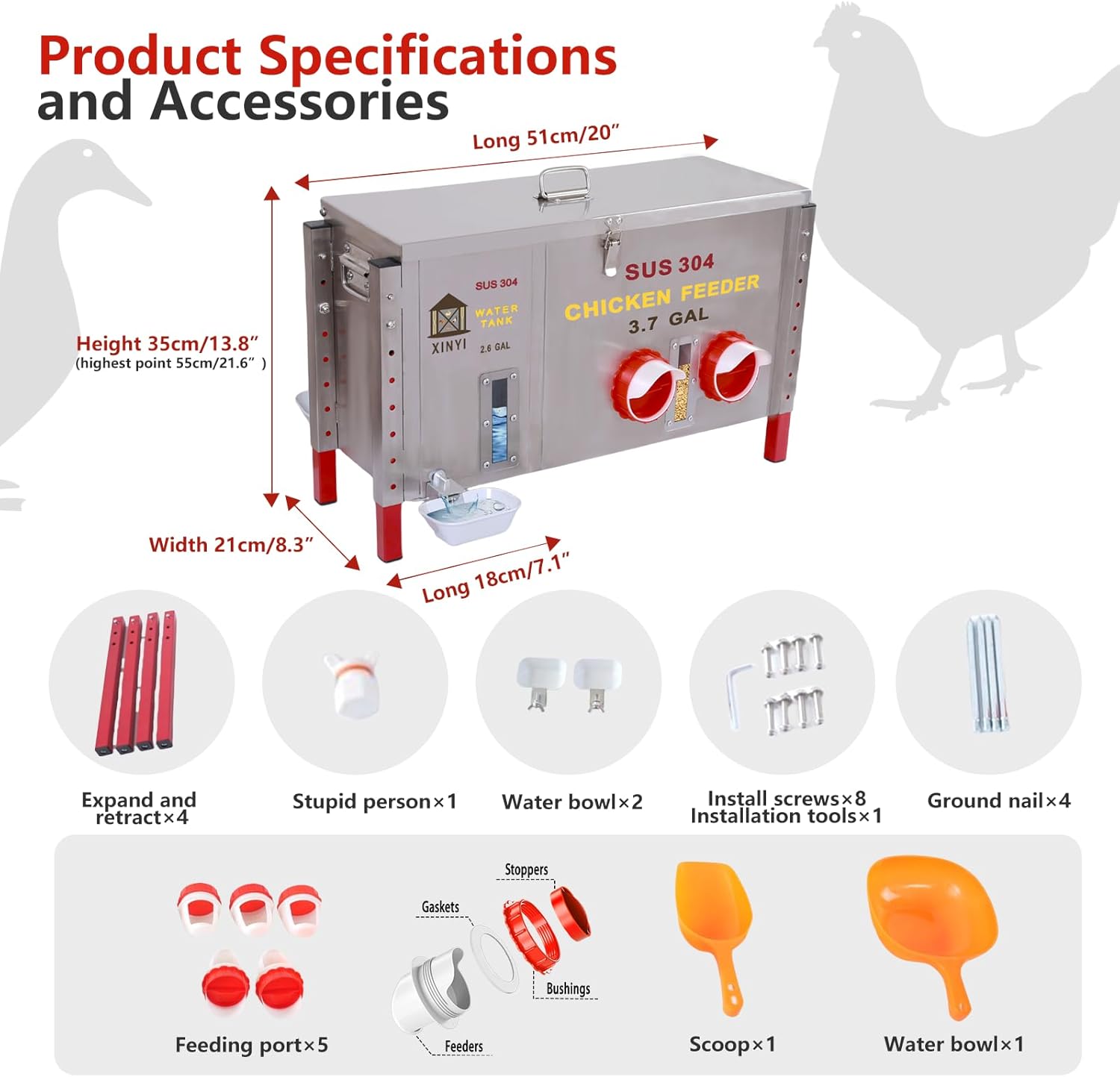 Stainless Steels Chicken Feeder and Waterer, Gravity Feeder with Adjustable Legs, Aluminum Alloy Water Cup, Automatic Feeder Waterpoof and Sturdy, Transparent Water Observation Window, 3.7 Gallon