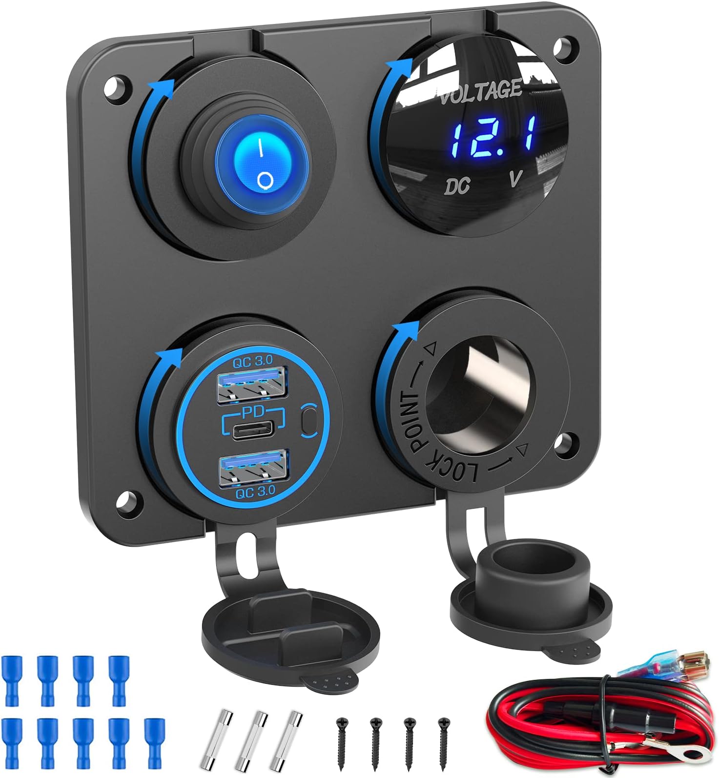 Marine Boat RV 12V Charger Socket Panel: OUFFUN 4 in 1 DC Power 12V Outlet Panel 56W Multi USB Fast Charger, 150W Cigarette Lighter Socket with LED Voltmeter Rocker Toggle Switch for Car Boat RV Truck