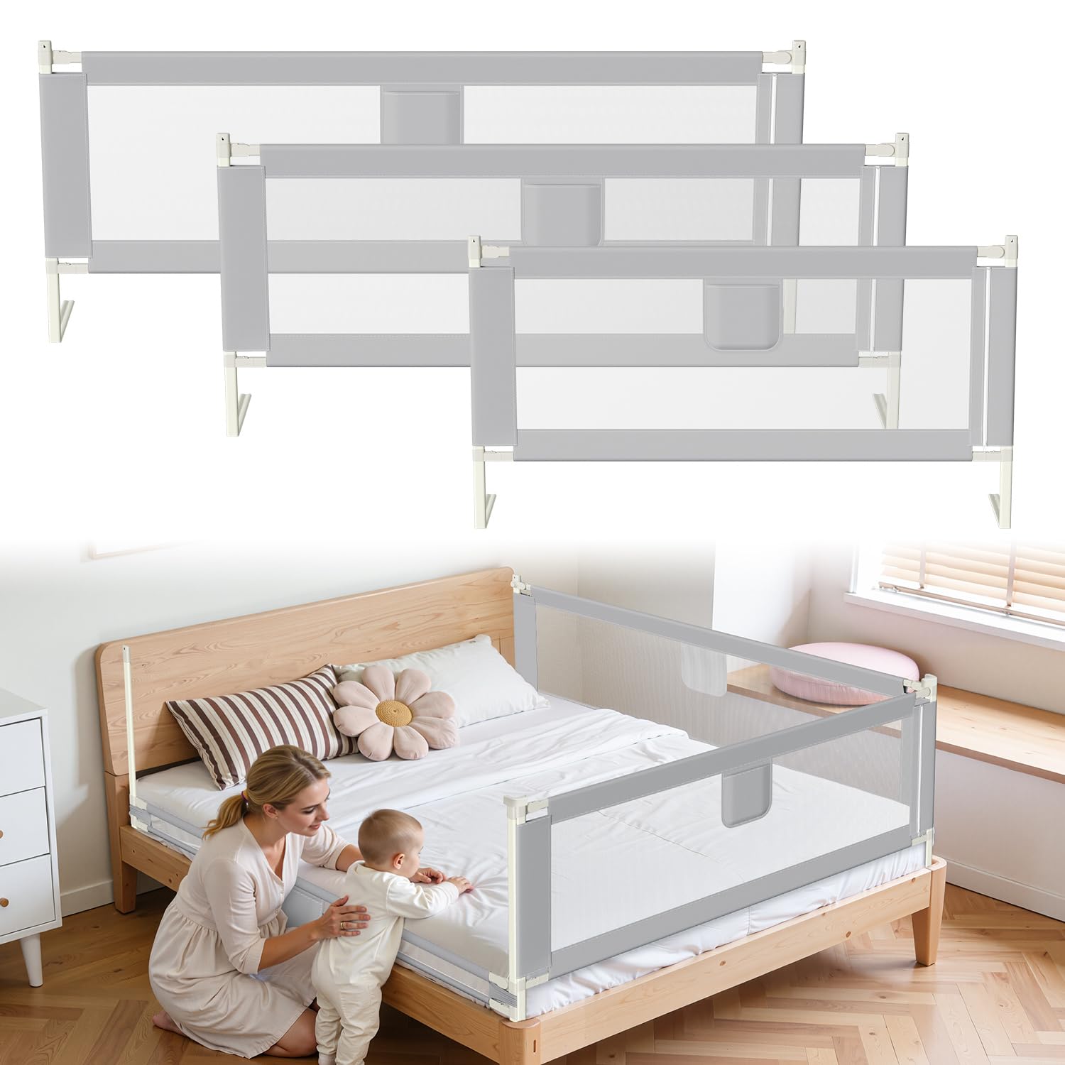 Rausfallschutz Bett Rausfallschutz Kinderbett, Bettgitter, Bettschutzgitter, luftiges Netz, einfache Montage, 200 cm lang,Dunkelgrau
