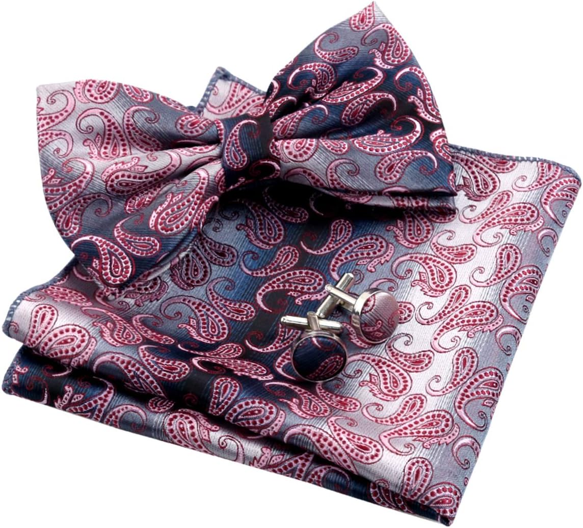 Alizeal Men Gradient Mini Paisley Bow Tie+Hanky+Cufflink Set, Pink