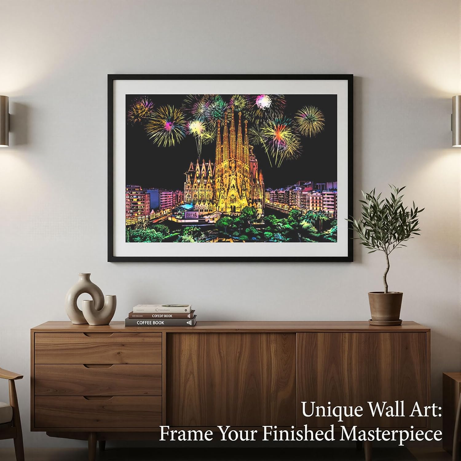 Scratch Art Rainbow Paper - 4 Pcs Fireworks Castle & Church Cityscape Night View DIY Sketch Card Engraving Craft Color Pads for Adults and Teens with 3 Tools, 16 x 11.2 Inch Large Size Scratchboard