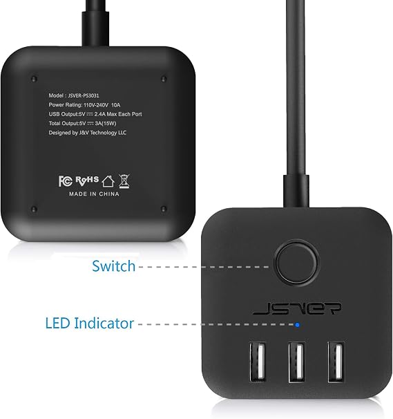 Power Strip with USB, Outlet Strip JSVER USB Power Strip, Power Strips 3 USB Ports 3 Outlets, 4.92ft Power Extension Cord for iPhone Xs/XR/X/8, Travel, Office, Cruise Ship, Dorm (Black)