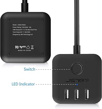 Power Strip with USB, Outlet Strip JSVER USB Power Strip, Power Strips 3 USB Ports 3 Outlets, 4.92ft Power Extension Cord for iPhone Xs/XR/X/8, Travel, Office, Cruise Ship, Dorm (Black)