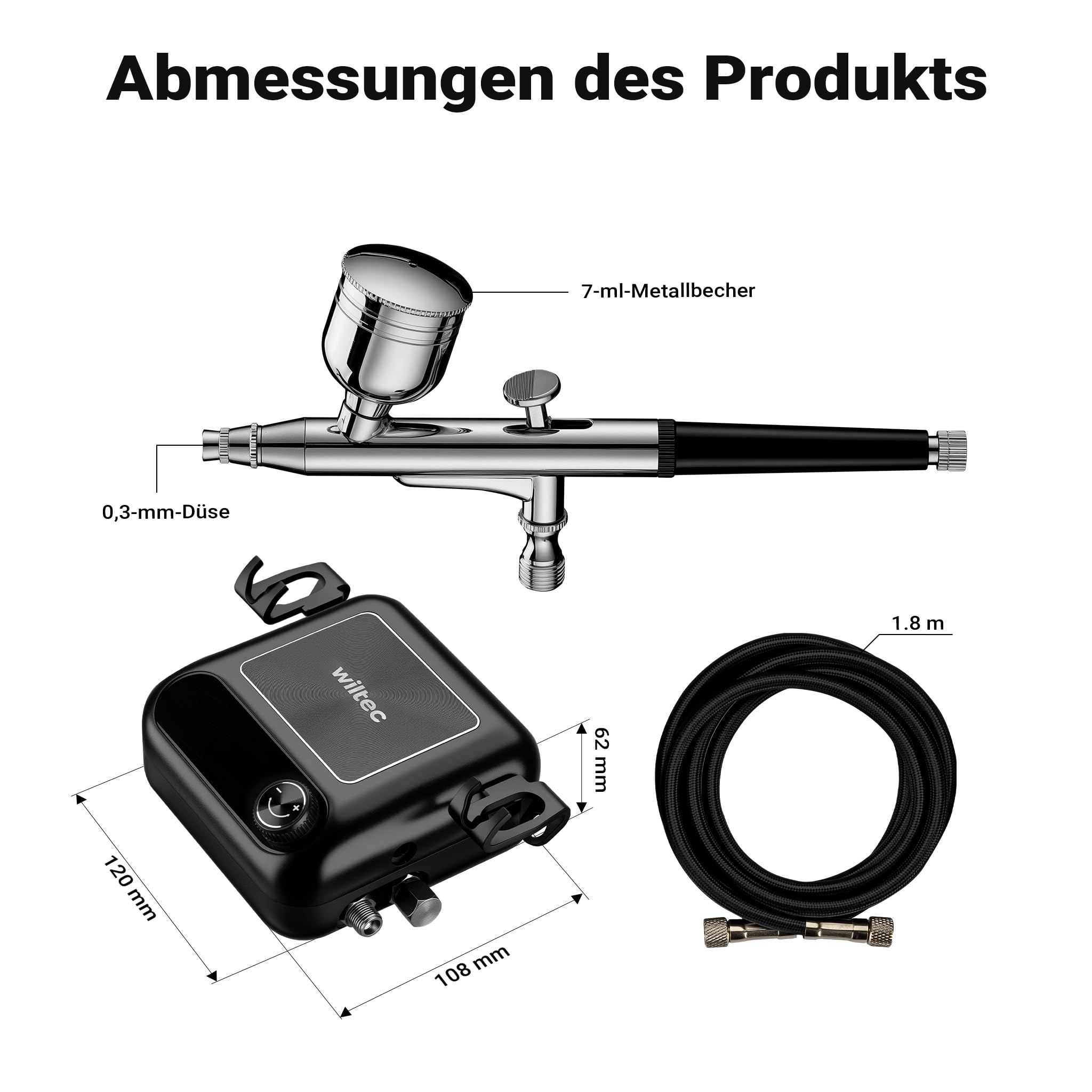 Wiltec HS-A9K Kompressor Set 1,5 bar Autostop, Airbrush Set inkl. verschiedener Düsen, Kompressor Zubehör Set 12 V, Druckluft Kompressor mit Air Brush
