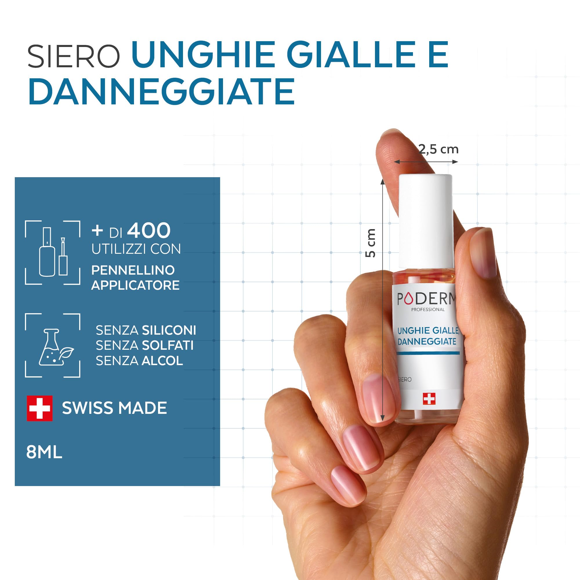 PODERM - Unghie Gialle e Danneggiate - Migliora l'aspetto dell'unghia - Schiarisce, Liscia e Nutre l'unghia - Ingredienti al 100% Naturali - Cura per mani e piedi | Facile e Veloce | Swiss Made