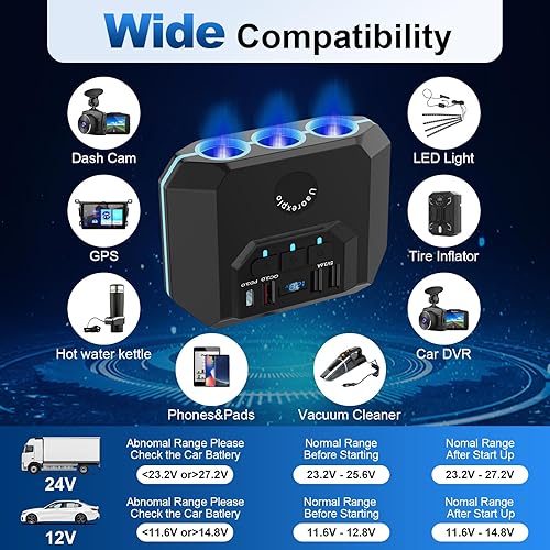 Miniatura 4 de Uaorexplo Adaptador de encendedor de cigarrillos para automóvil, divisor de 24 V12 V, divisor de encendedor de cigarrillos de automóvil de 3