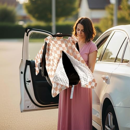 Miniatura 6 de Minky - Funda de asiento de automóvil a cuadros color caqui, fundas de asiento de automóvil de invierno cálidas con apertura suave para bebé recién