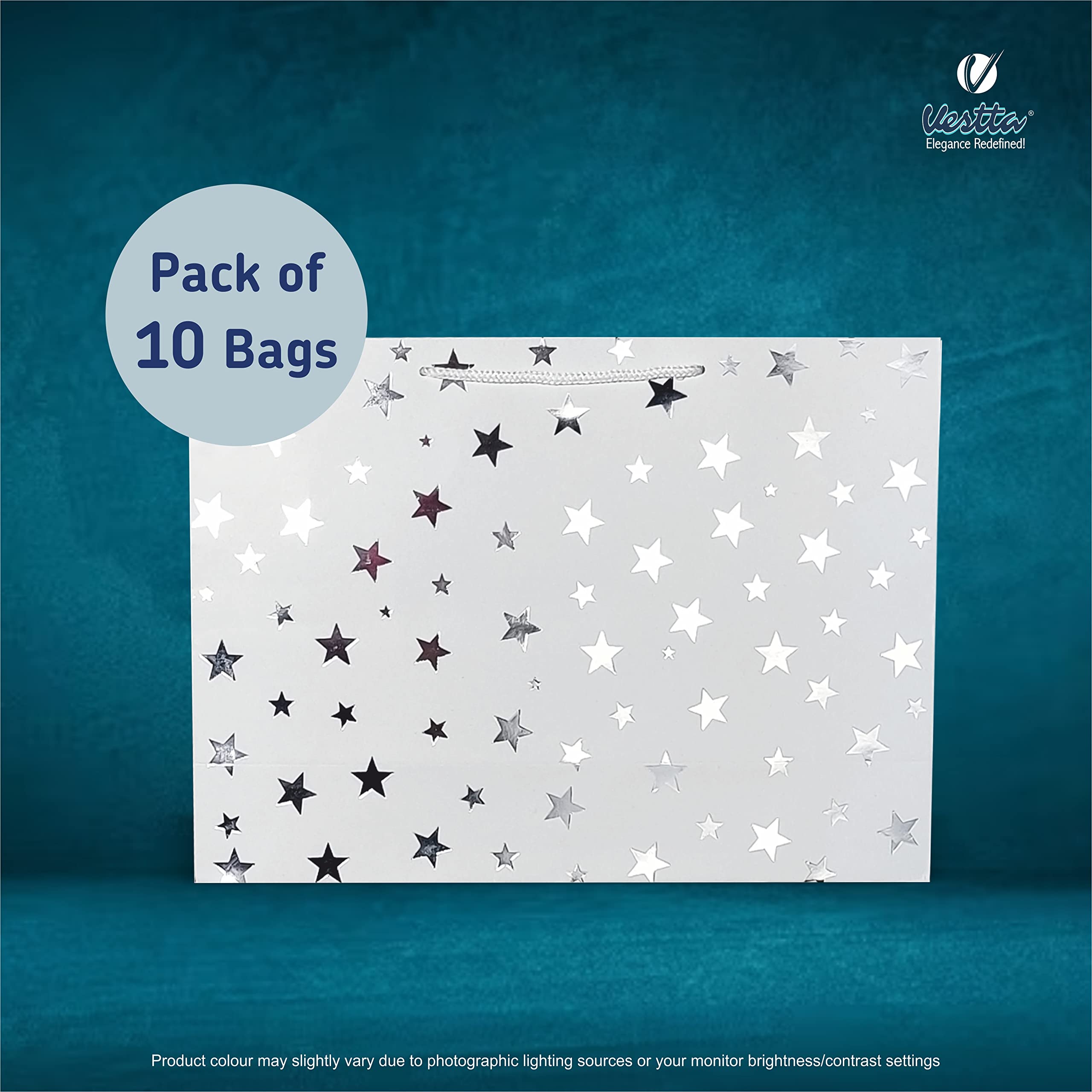 VESTTA -ELEGANCE REDEFINED Lot de 10 grands sacs cadeaux en forme d'étoiles argentées - 35,6 x 11,4 x 25,4 cm (L x l x H) - Pour mariage, Noël, Diwali, anniversaires - Avec étiquettes cadeaux