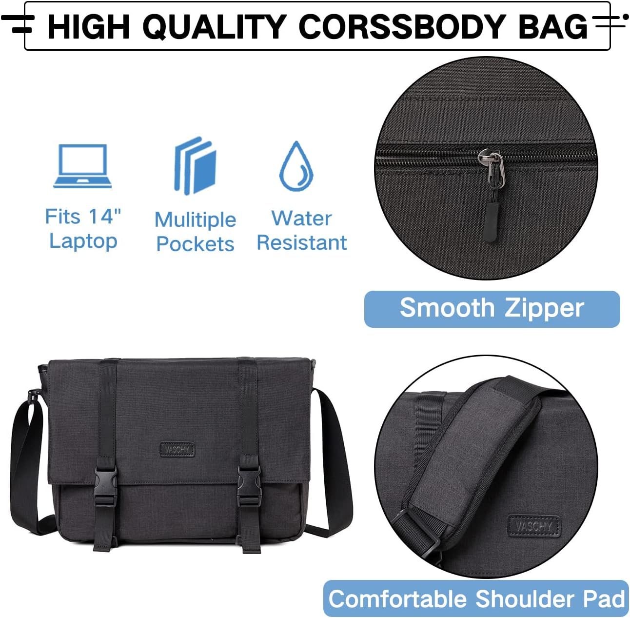 VASCHY Messenger Bag,Water Resistant Casual Lightweight Slim Crossbody Shoulder Bag for Men Women Work School for 14in Laptop - Image 6