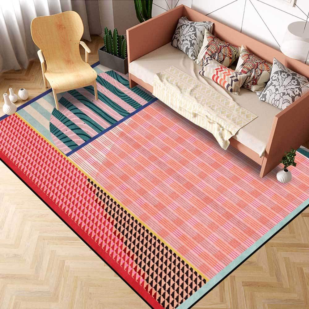 Alfombras Salon Grandes Alfombra de fácil Cuidado Antideslizante para Habitacion Cocina Habitacion Infantil Rayas geométricas Cosidas en Rojo, Azul y Verde. 180 x 200 cm