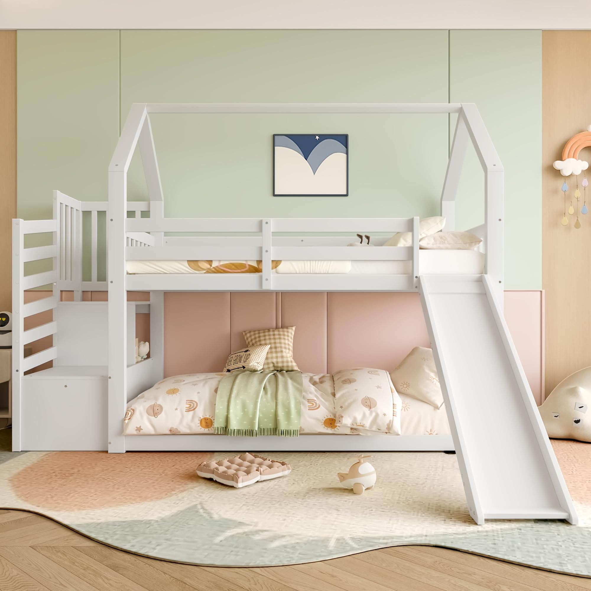 Kinderbett Etagenbett 90x200cm, Hausbett Hochbett mit Treppe und Rutsche, Multifunktionsbett Holzbett Baumhausbett Spielbett Stockbett Bettgestell mit Rausfallschutz & Lattenrost, Ohne Matratze, Weiß