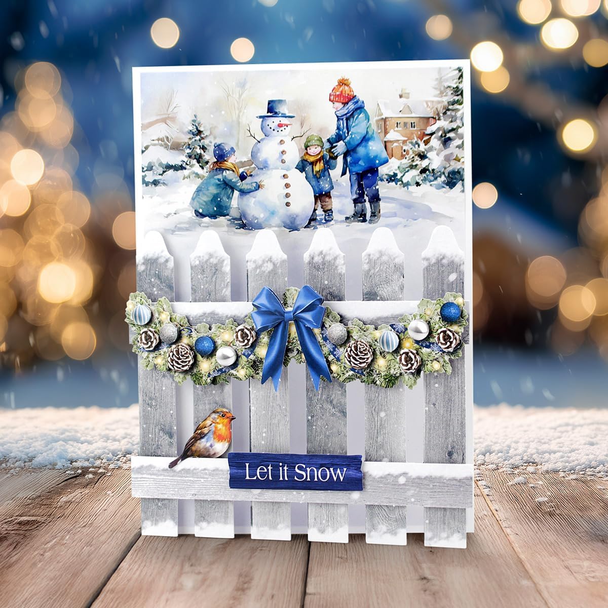 Katy Sue Christmas Garden Picket Fence Card Making Kit - 8 Shaped Cards, Die-Cut Embellishments, Background Scenes, Foam Pads, Instructions & 8 Envelopes for Christmas Card Making Supplies. UK-Made.