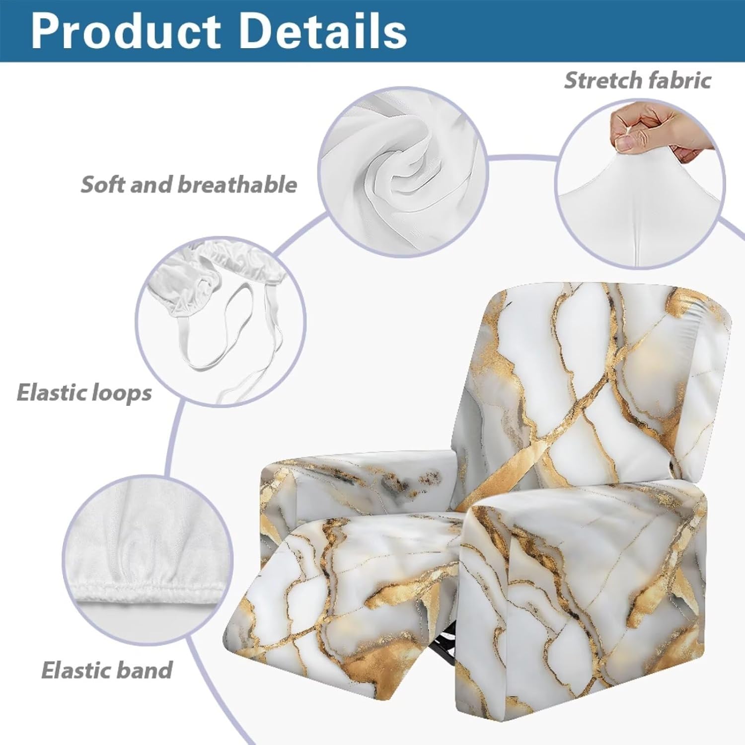 White Gold Marble Print Recliner Chair Covers 4-Pieces Stretch Recliner Couch Covers Comfortable Sofa Couch Cover Furniture Protector Home Decor Accessories