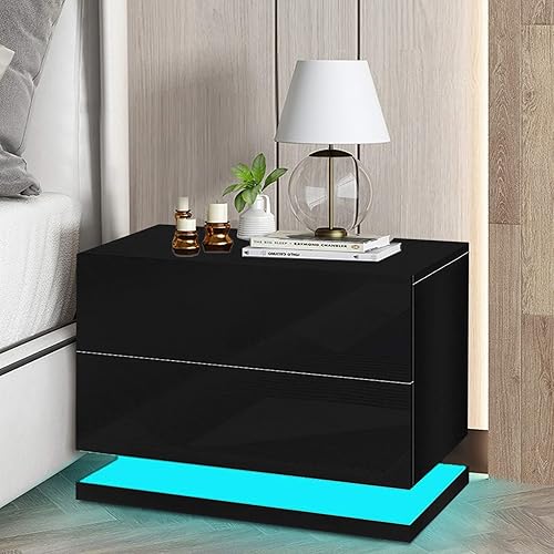 Mesita de noche LED con 2 cajones, moderna mesita de noche, gabinete de alto brillo con luz LED para dormitorio, mesita de noche