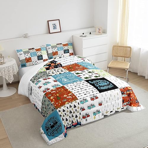 Miniatura 4 de Erosebridal Juego de edredón para niños y niñas, tamaño Queen, diseño de campista feliz, para niños, niñas, accesorios de caravana, edredón para