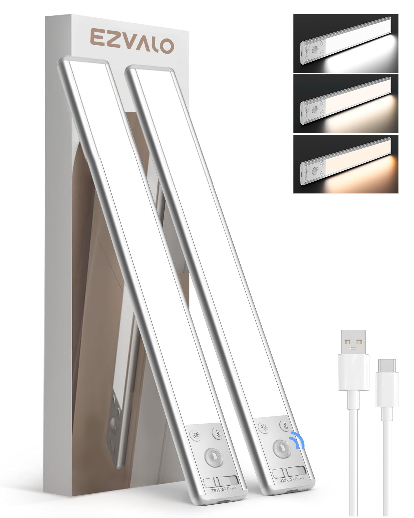 EZVALO Under Cabinet Kitchen Lights, 3 Color Dimmable 134 LED Motion Sensor Lights Indoor, 3200mAh Rechargeable LED Lights for Cupboard, Kitchen (37cm, 2 Pack)