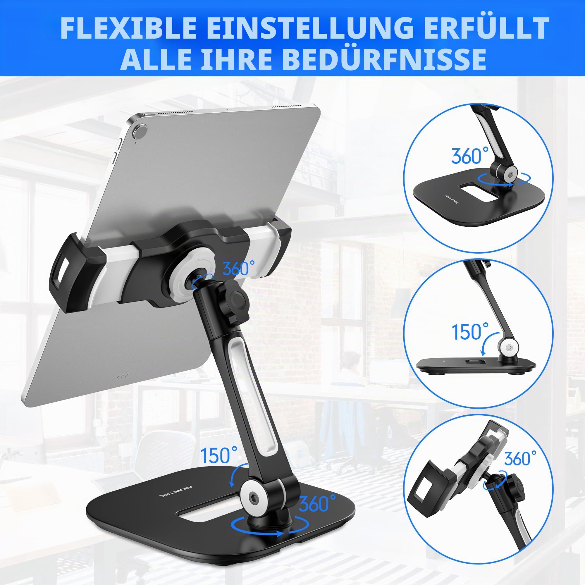 AboveTEK Tablet Ständer, Verstellbare iPad Halterung Tisch, 360° Drehbarer Handy & Tablet Halterung für 4-11" iPad Pro/Air, Samsung Galaxy, e-Reader - Ideal für Büro, Küche & POS (Schwarz)