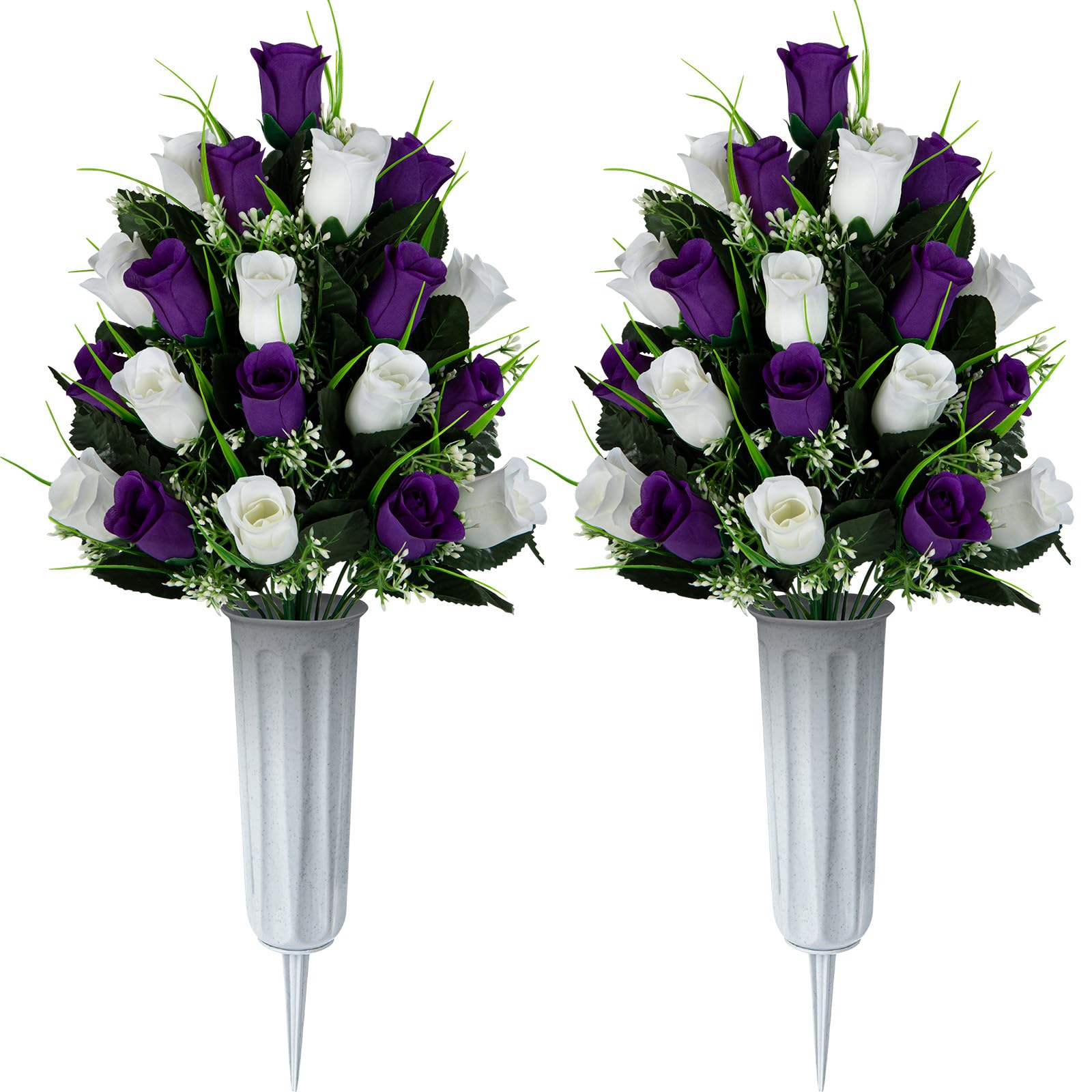 SIFOEL Artificial Cemetery Flowers - Set of 2 Grave Memorial Rose Flowers with Vase for Cemetery Headstones Gravesites Decoration (Dark Purple&White)
