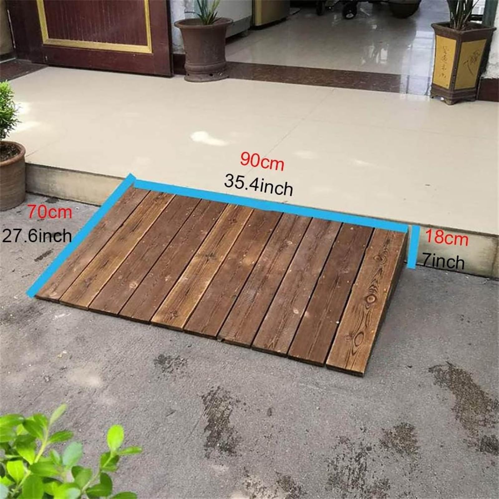 Rampa de madera resistente de la rampa del umbral de madera Rampas de madera antideslizante para pasos de la puerta Accesorio portátil de la silla de ruedas interior Uso al aire libre 35x28x7 pulgadas