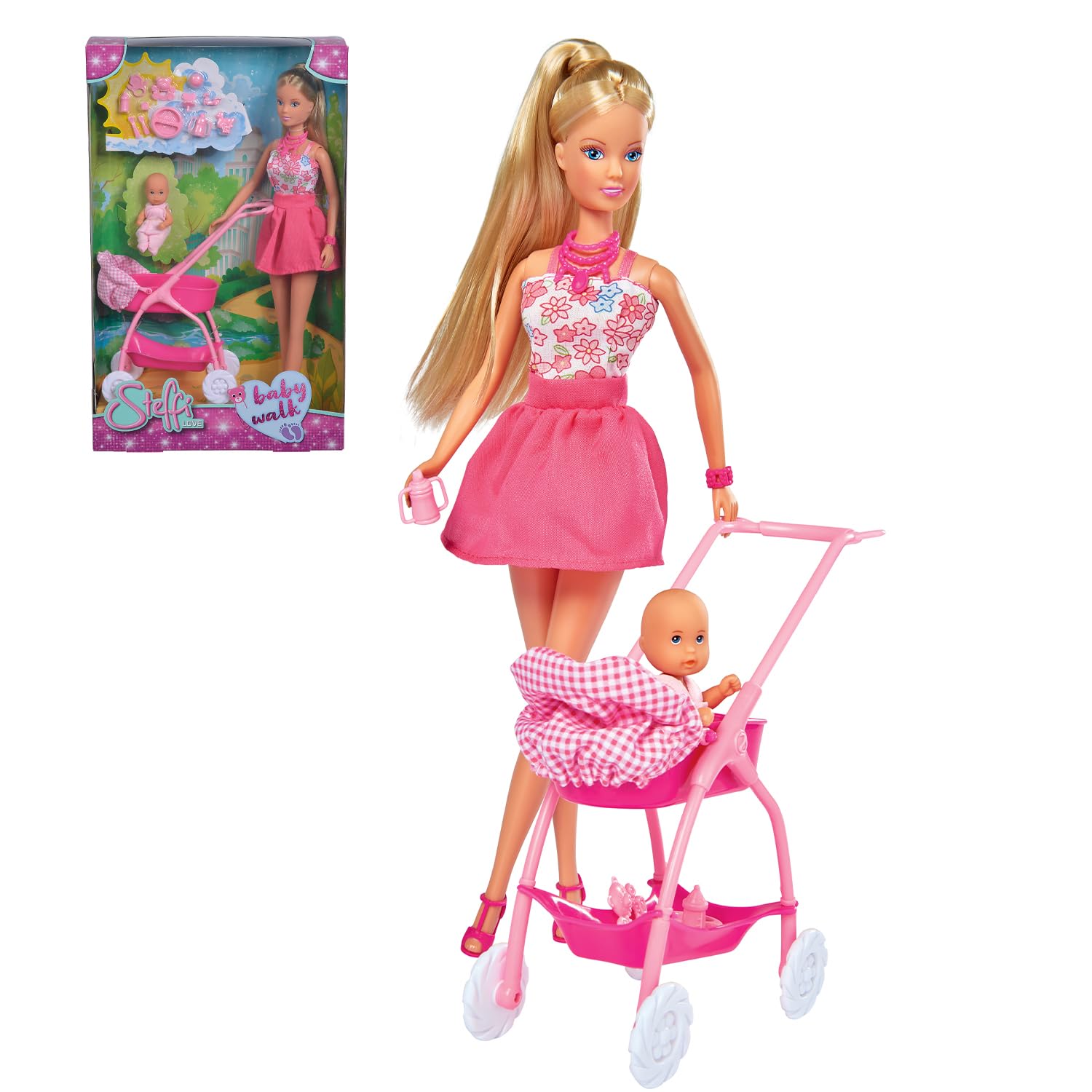 Steffi Love Doll Set| Steffi Love Baby Walk Toy| Steffi with Baby & Stroll| Set of 15+ Baby Essentials| Pretend Play Set| Ideal Gift for Girls Age 3+ (Pink)-image-35