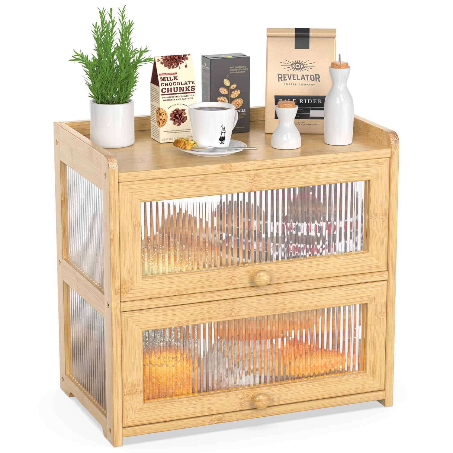 BAMBANG Extra Groer Bambus Brotkasten 2 Etagen  Groe Brotbox Mit  Sichtfenster, Werkzeughalter & FSC Holz (37,8 X 27,9 X 38,9 Cm) Schwarz  Groer Brotbehlter Kche