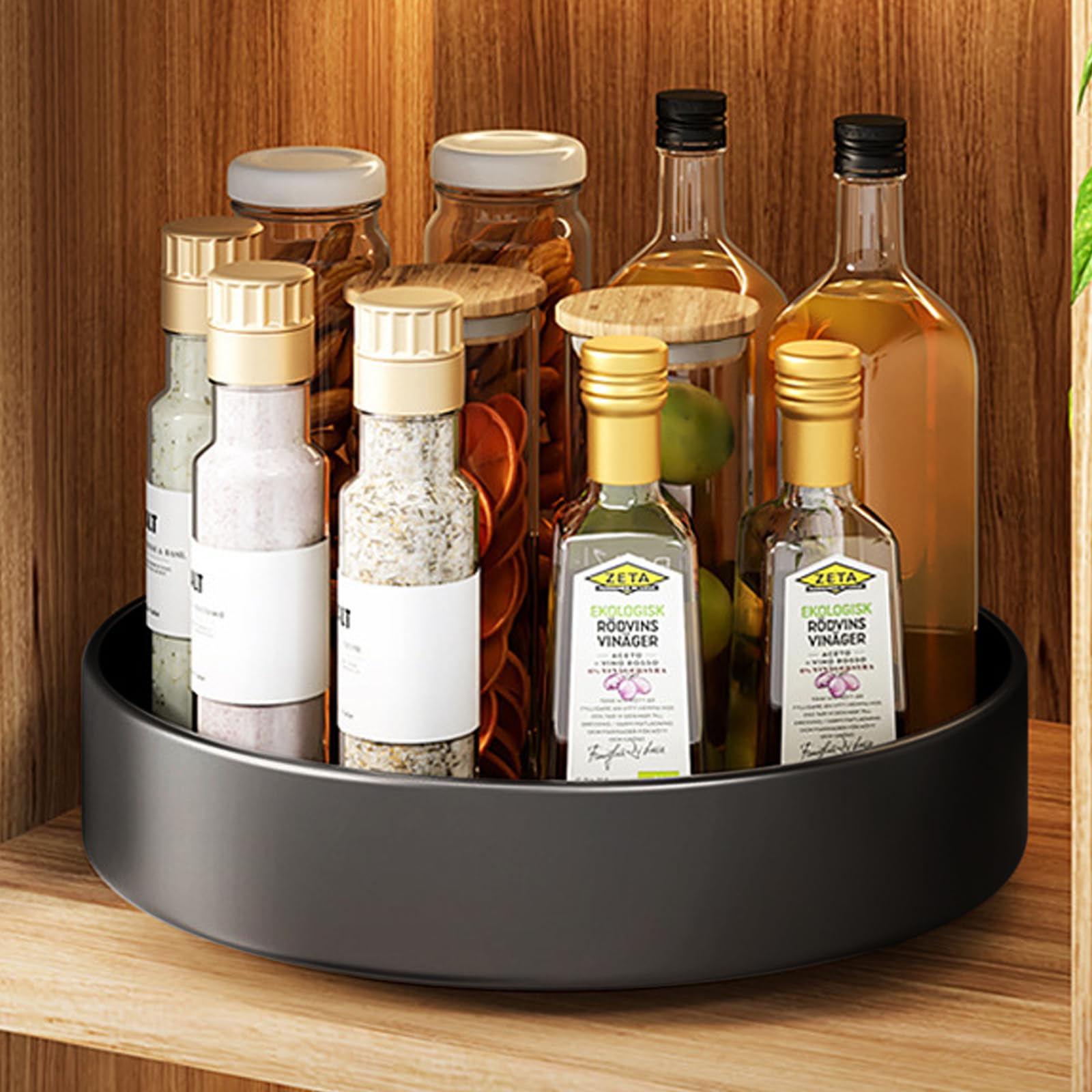 Lazy Susan Drehteller Organizer,30cm Drehbares Gewürzregal aus Kohlenstoffstahl Küchen Drehteller Schrank Organizer für Speisekammer Küche Arbeitsplatte Kühlschrank Tisch Aufbewahrung (Schwarz)