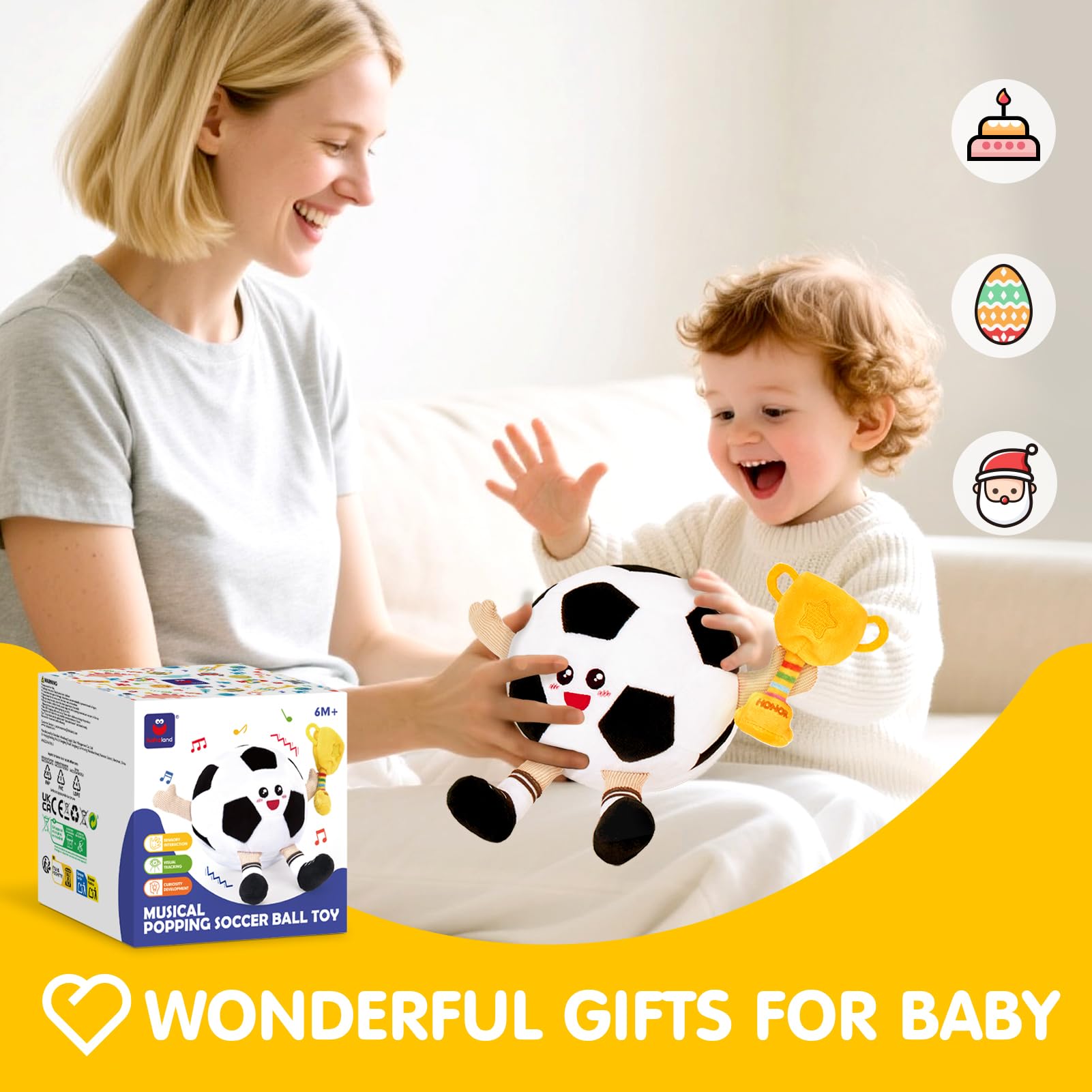 hahaland Giochi Neonato 3 6 9 Mesi, Peluche Calcio Giocattolo Interattivo con Musica e Registrazioni, Gattonare Giochi Regalo Bambini 1 Anno