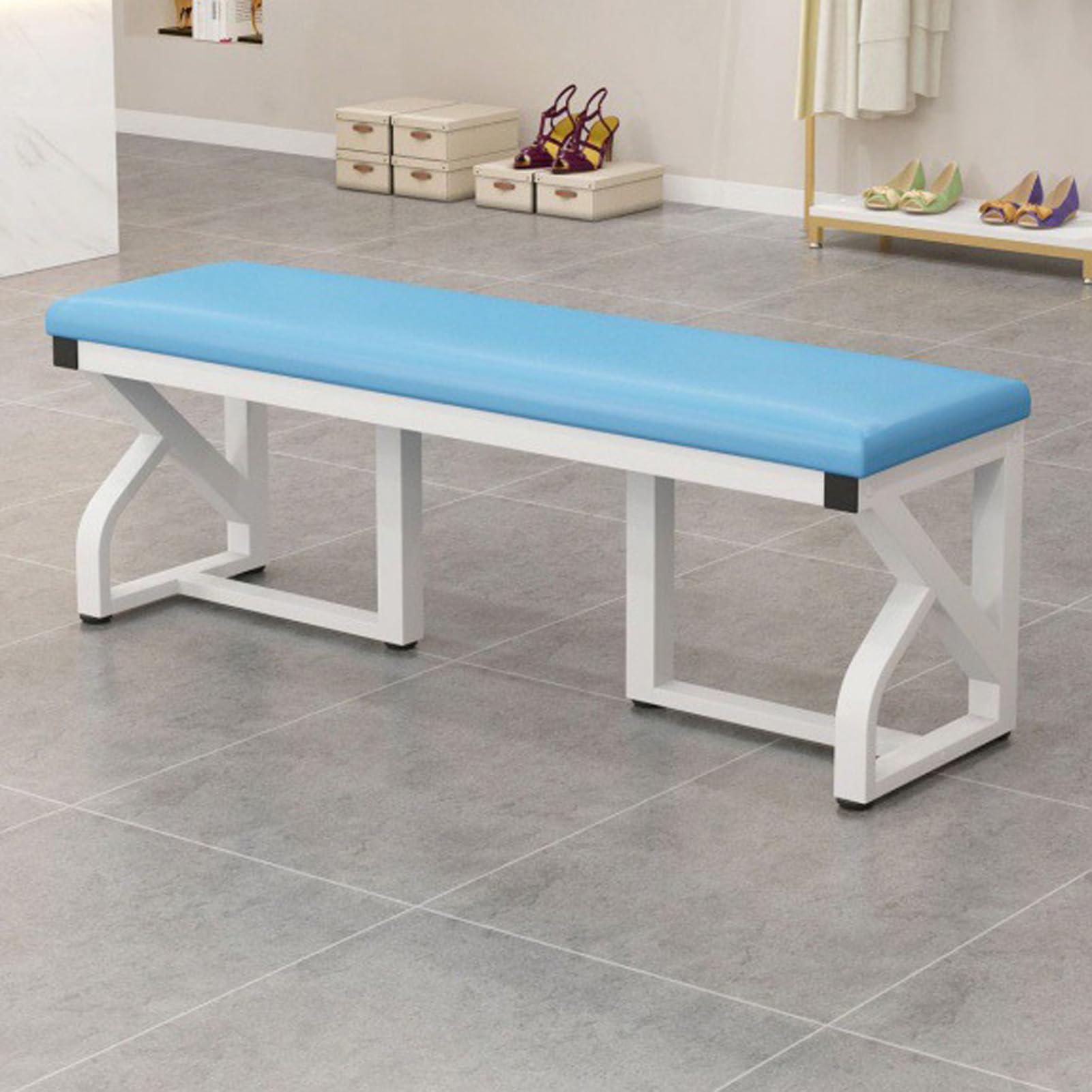 Banc à chaussures avec assise rembourrée et rangement en métal