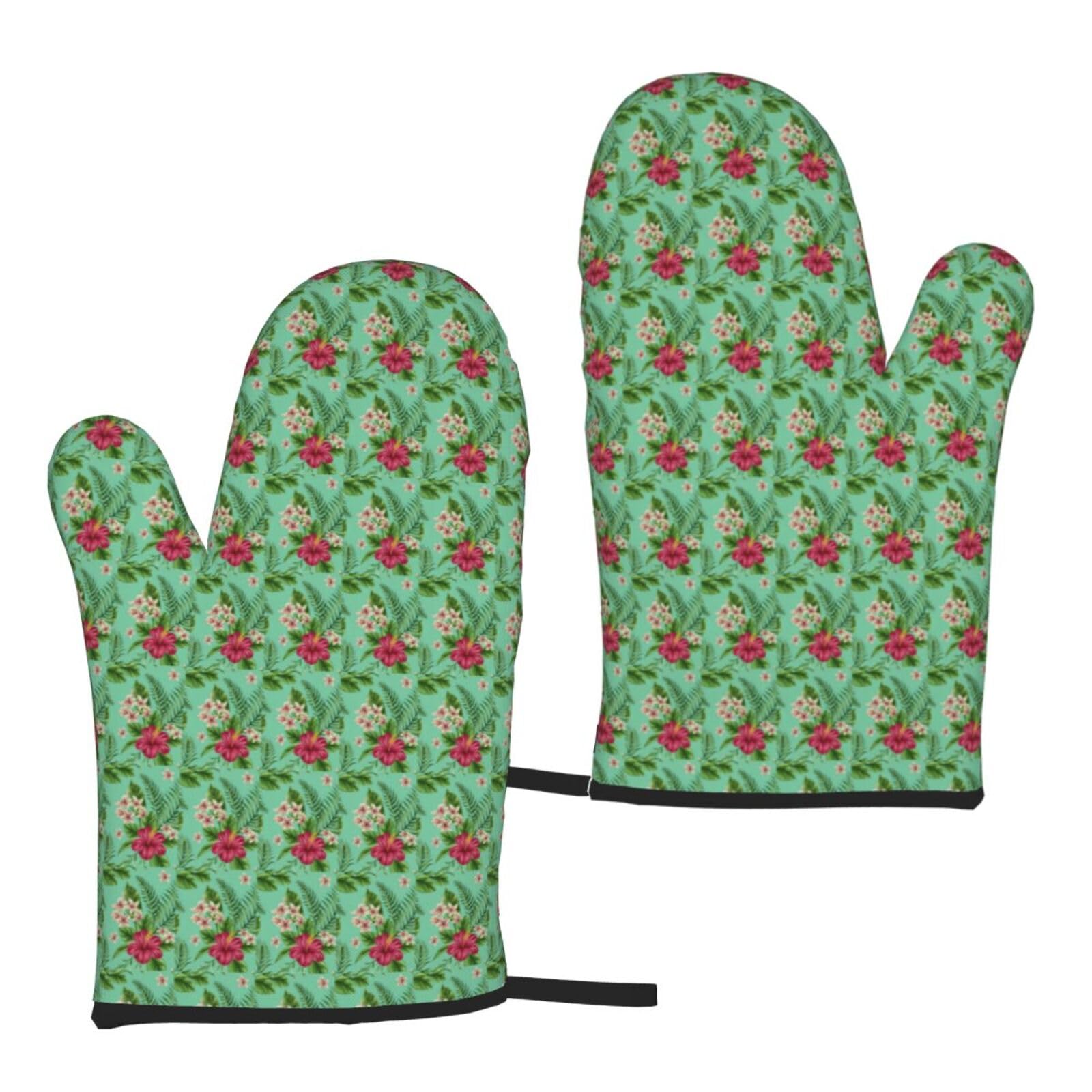 Hawaiian Tropical Leaves Flowers Print Heat Resistant Universal Fit Oven Microwave Gloves Home Cooking Baking Grilling