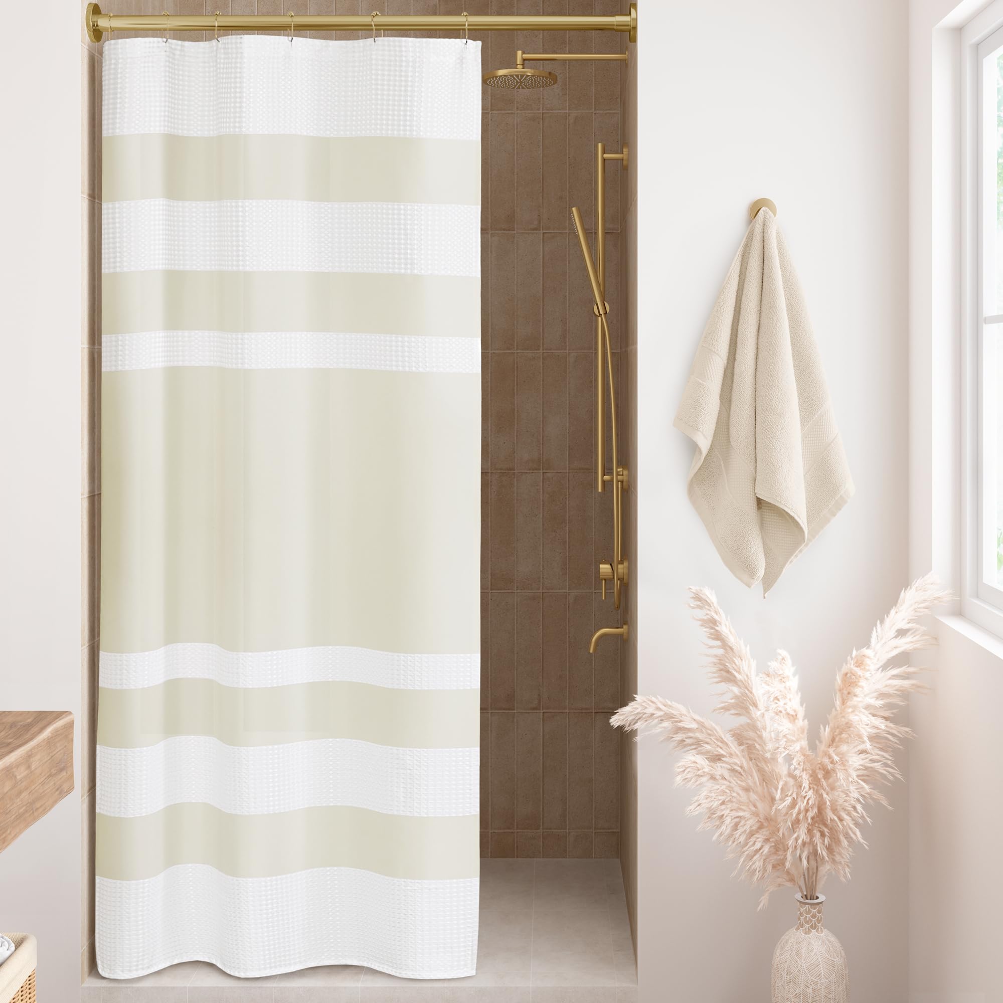 Madison Park Rideau de douche à tissage gaufré spa pour salle de bain, gestion de l'humidité, rideaux de douche modernes de qualité spa pour salle de bain, 91,4 x 183 cm, crème