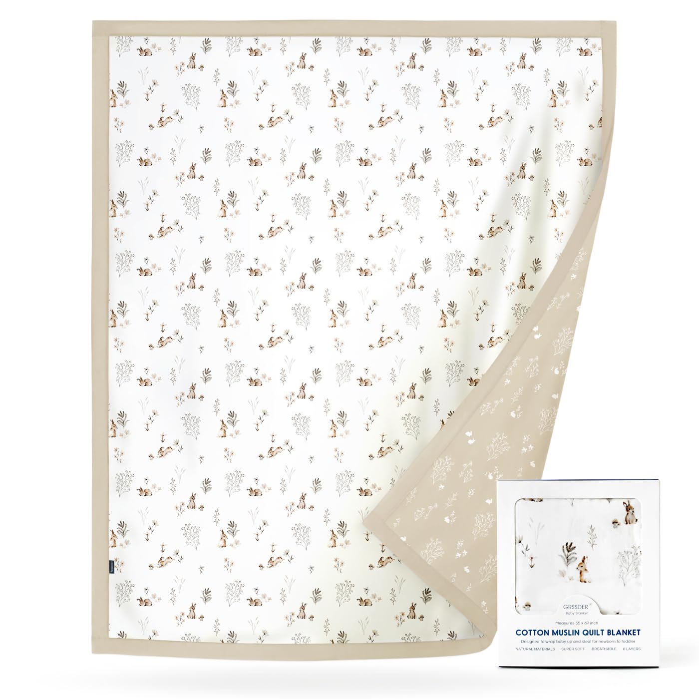 GRSSDER Cotton Muslin Quilt Blanket - Silky Soft and Breathable Kids' Throw Blanket, Oversized Muslin Blankets for Newborns, Toddlers &amp; Kids, 6 Layers Reversible Design for All Seasons, 55" x 69"