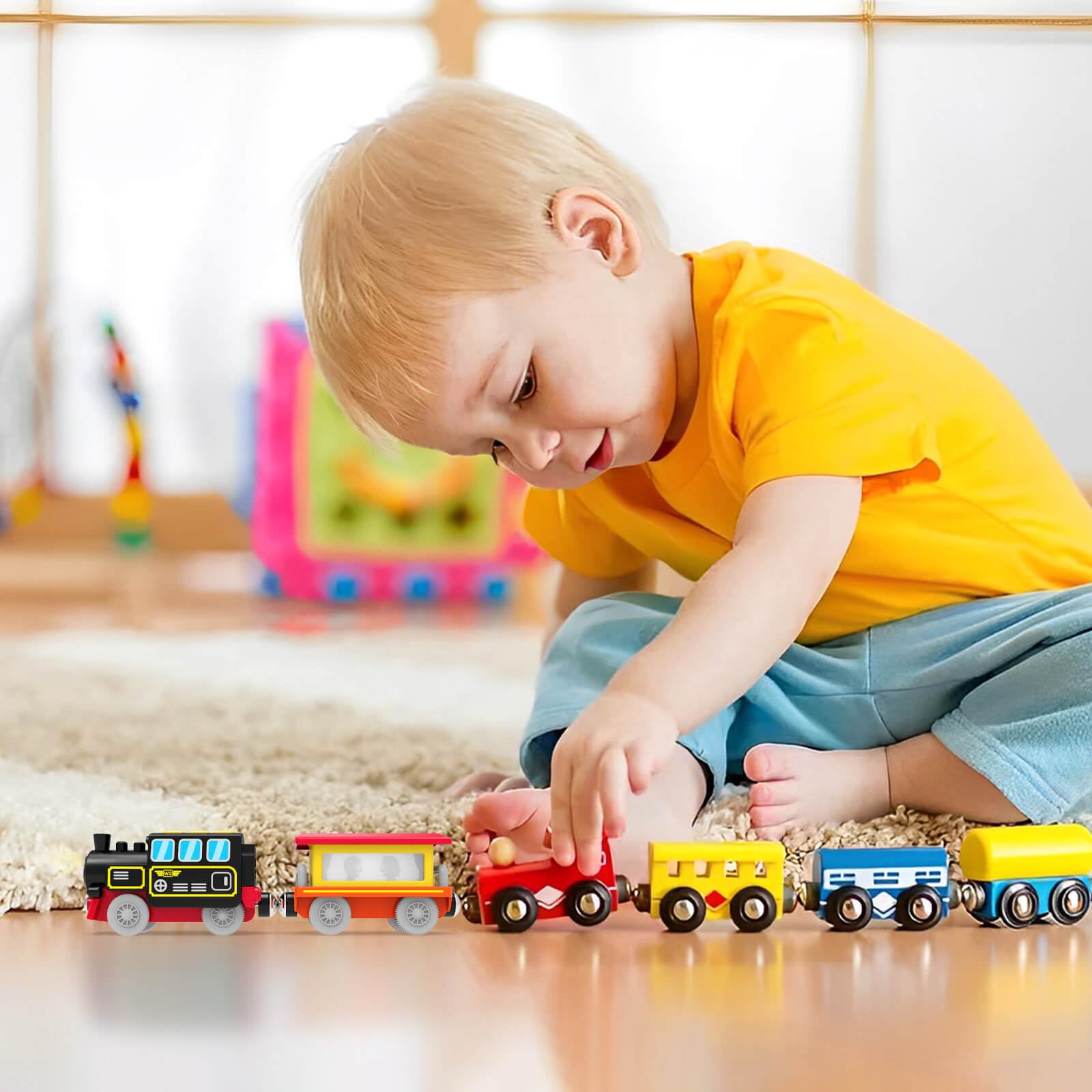 DxxD Trenino Elettrico per Bambini, Locomotiva ad Azione a Batteria con Suono e luce, Trenino Legno Giocattolo Bambino, Treno compatibile con Thomas Brio, Giocattolo Regali per Ragazze Ragazzi 3+ Anni