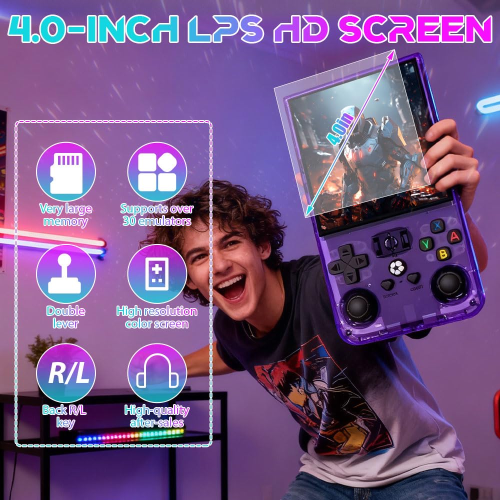 R36MAX Console Retro Game, 4 Pollici Console Portatile Gaming, Console Retro con 128 GB di Memoria, 22.000 Giochi & 30 Emulatori, Sistema Linux, Batteria 4000 mAh, Mini-Arcade (Viola)