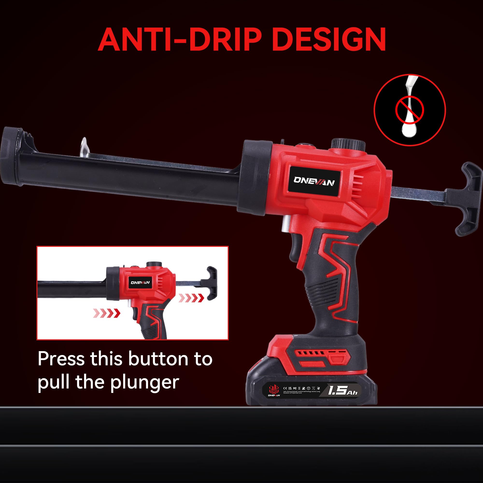 ONEVAN Pistolet à Cartouche sans Fil, Pistolet à Silicone Électrique 300ml, Contrôle de Vitesse Variable & Lampe LED, 24 Buses, 2x1,5Ah Batteries, pour Travaux d'Étanchéité, Mastics (Rouge)