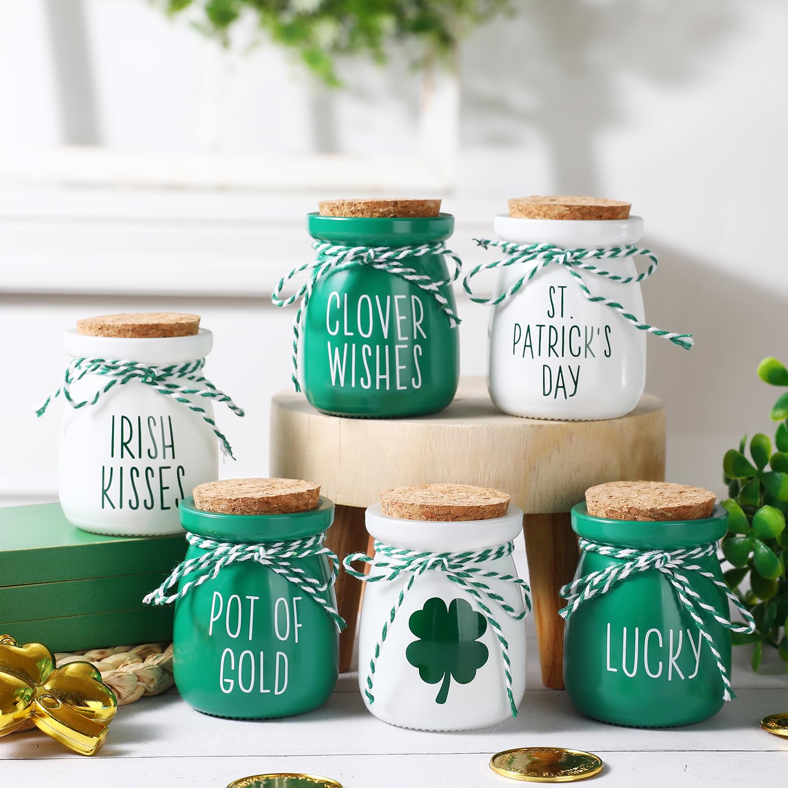 FunouHome St. Patrick's Day Decorations - 6PCS Mini Glass Jars - Farmhouse St. Patrick's Day Decor for Home, Kitchen, Table, Fireplace Mantel