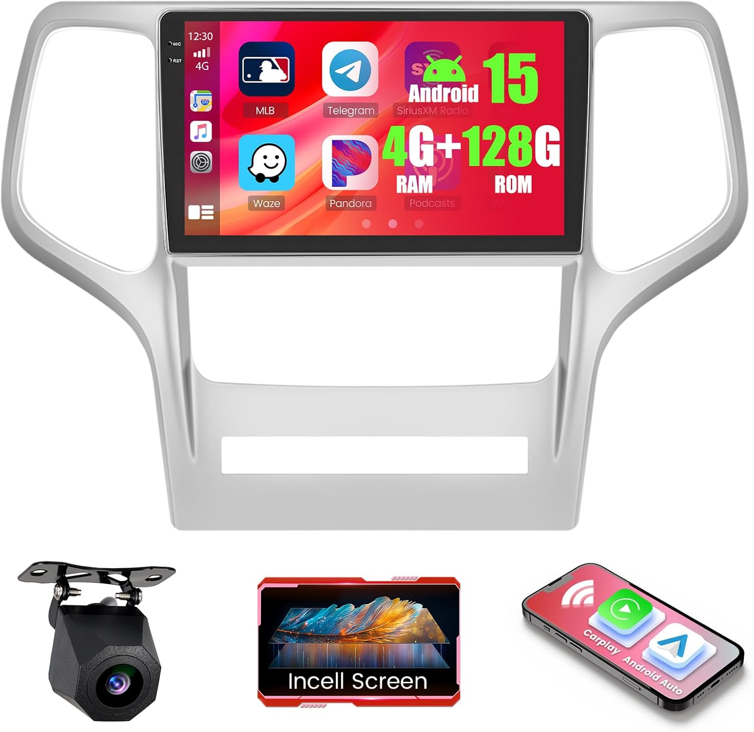 4+128GB Android 15 Car Radio for Jeep Grand Cherokee 2008-2013 Wireless Carplay Android Auto, Realdio 9" in-Cell Touch Screen Stereo for Cherokee with WiFi Bluetooth GPS FM/RDS EQ Backup Camera MIC