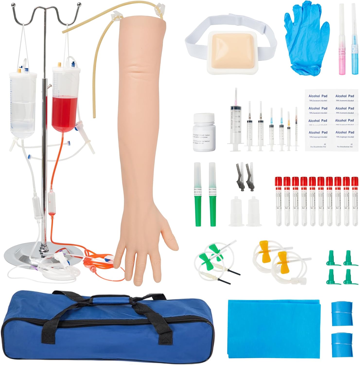 Alcedo Phlebotomy Practice Kit, Complete Venipuncture and Injection IV Practice Essentials, Realistic Training Arm with Stand & Carry Bag, Light Skin, Educational Use for Medical Students and Nurses Light Skin Tone