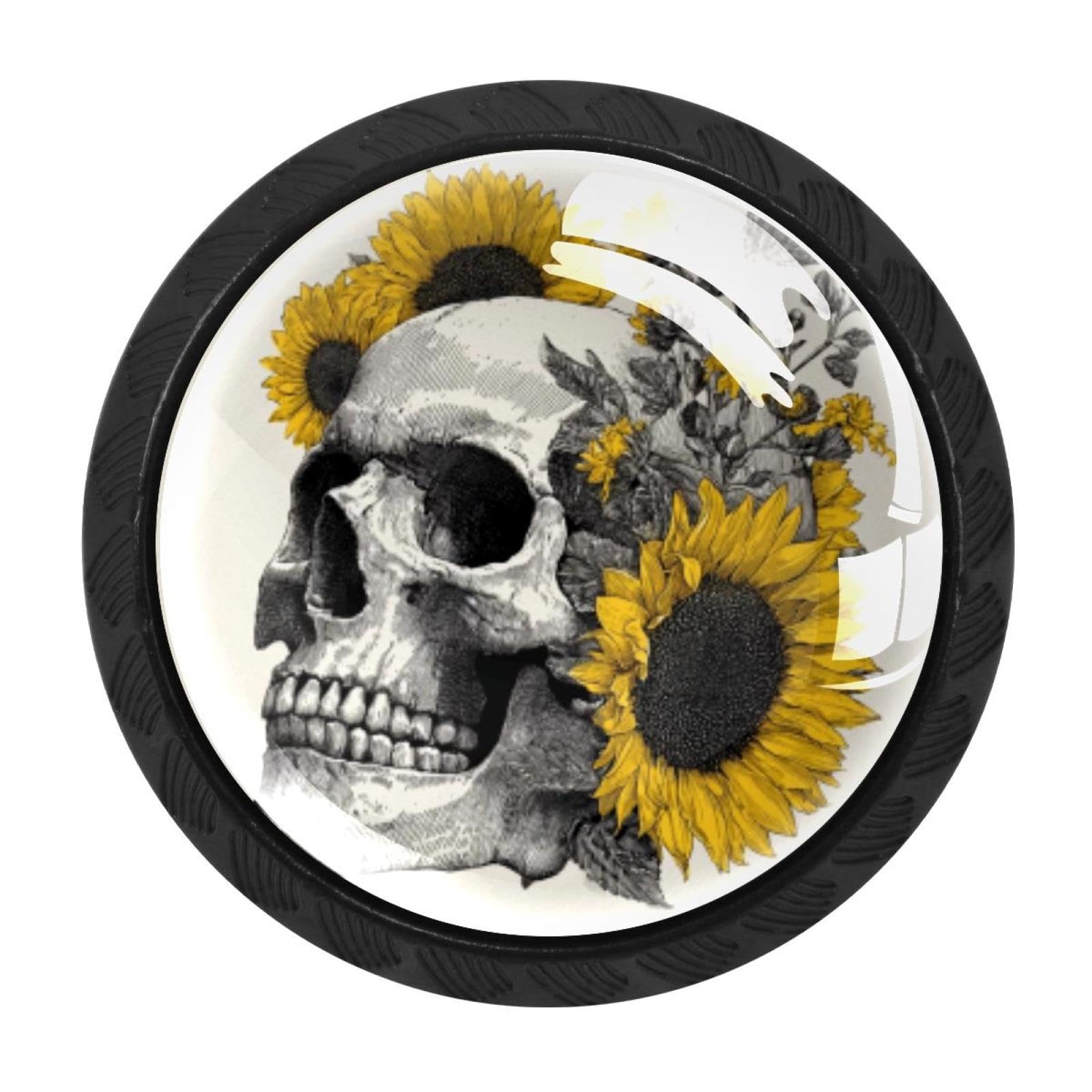 CHENZZZZ 4PCS Skull Sunflower Dresser Knob Round Glass Drawer Knobs Pulls Cabinet Handle for Home Kitchen Office Bathroom Wardrobe Cupboard