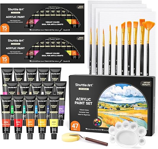 47 Pack Acrylic Paint Set, Shuttle Art 15 Colours (12ml Each, 2Pack) Acrylic Paint with 10 Brushes Painting Canvas Knife Palette Sponge, Complete Gift Set for Kids, Adults Painting Canvas, Ceramic