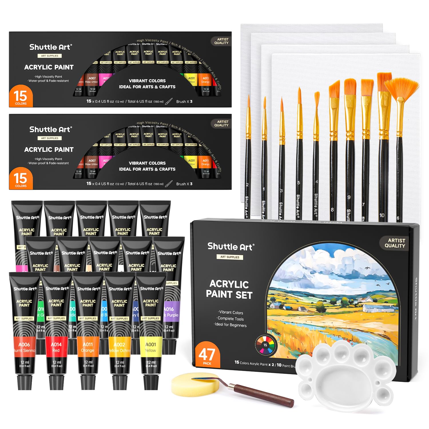 Shuttle Art 47 Pack Acrylic Paints Set, 15 Colours (12ml Each, 2Pack) Acrylic Paint with 10 Brushes, Canvas, Knife, Palette, Complete Paint Set for Canvas Wood Ceramic, Art Paints for Beginner Adults
